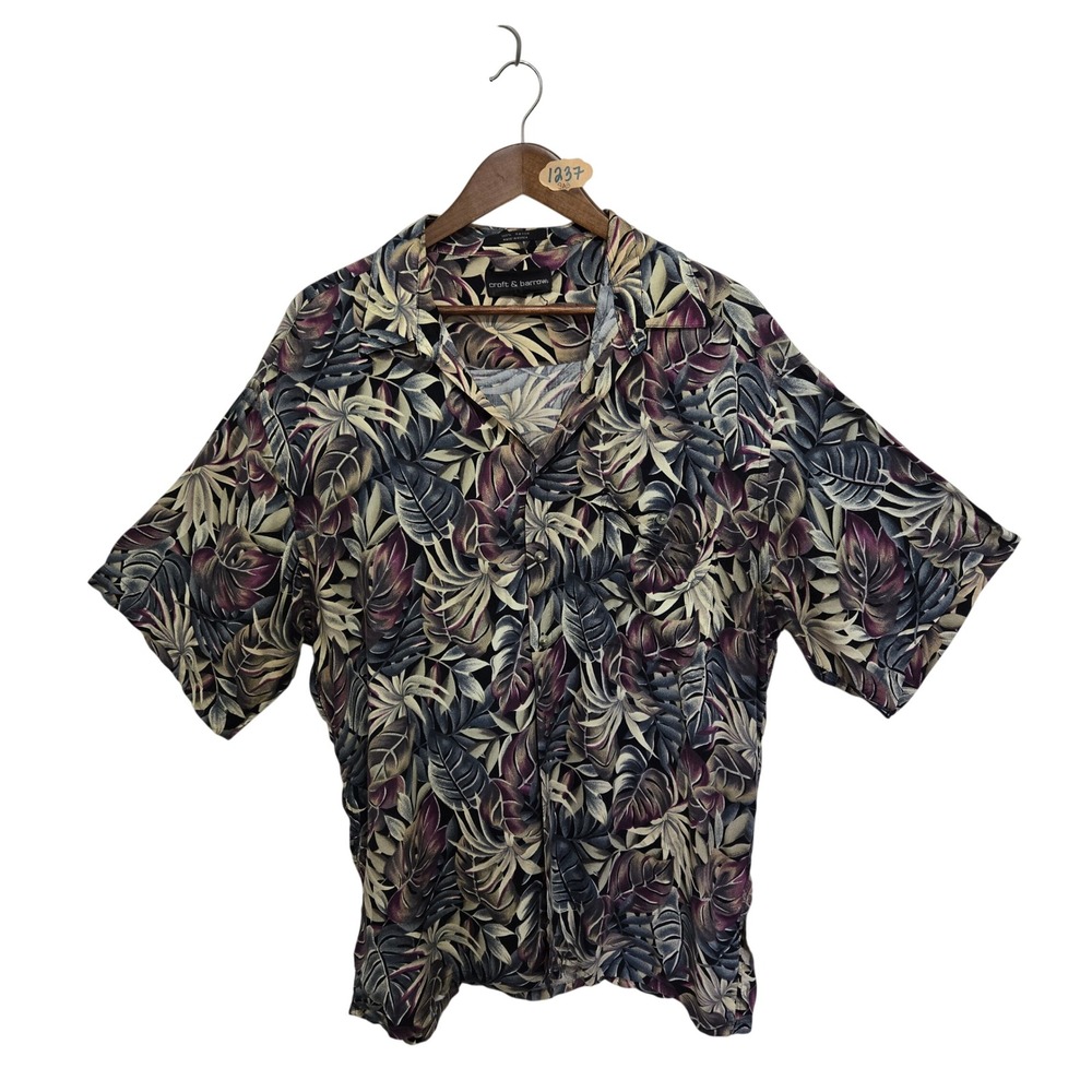 Croft & Barrow Mens XL Tropical Leaf‎ Rayon Button Down Shirt Purple Tan Grey
